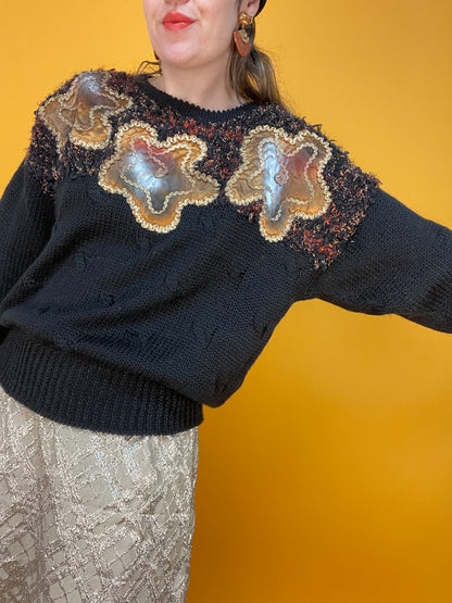 80s/90s Pulli mit metallic Blumen-Applikationen