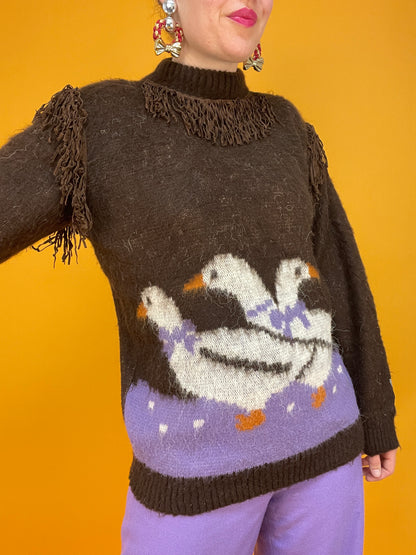 „Never gonna grow up“ Strickpulli mit Gänsen und Fransen