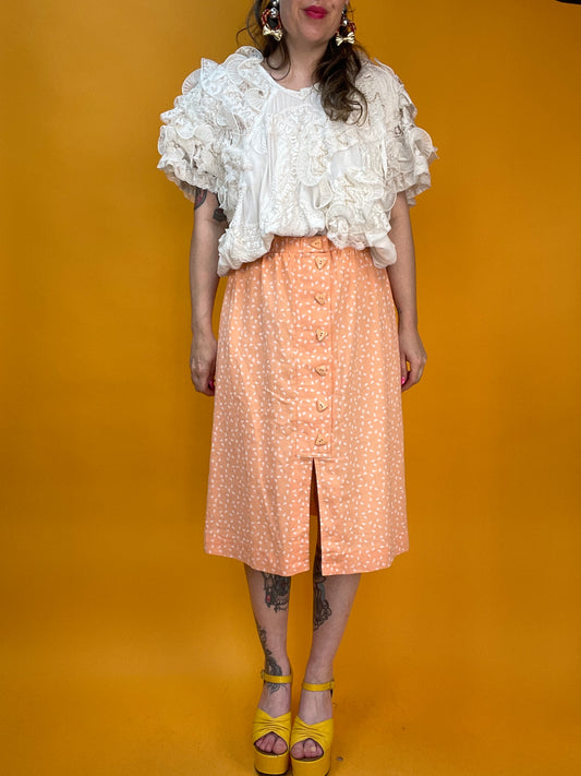 Peachfarbener 80s Sommerrock mit kleinem Paisley Muster