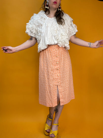 Peachfarbener 80s Sommerrock mit kleinem Paisley Muster