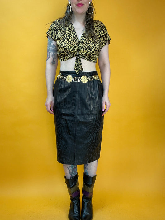80s Lederrock mit edgy eingestanztem Tigermuster