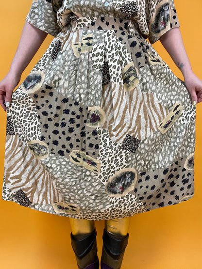 Vintage Set aus Rock und Blusenshirt im Animalprint-Patchworklook