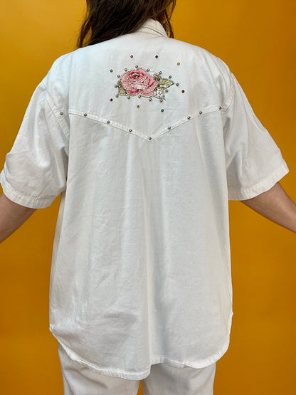 80s Set aus weißem Denim mit bunten Glitzersteinen und Rosenapplikationen