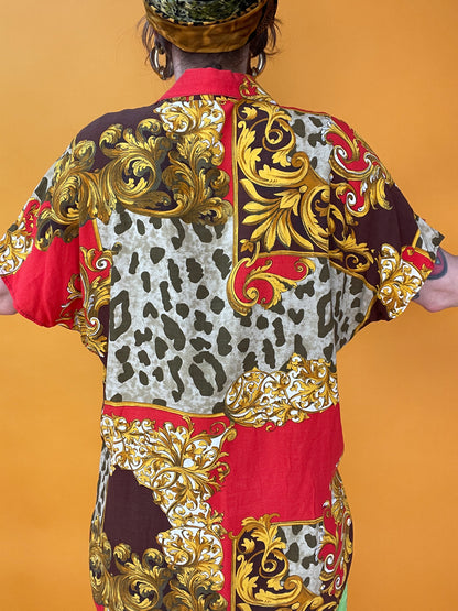 Knüller 80s Blusenshirt mit pompösem Leo-Barockmusterprint