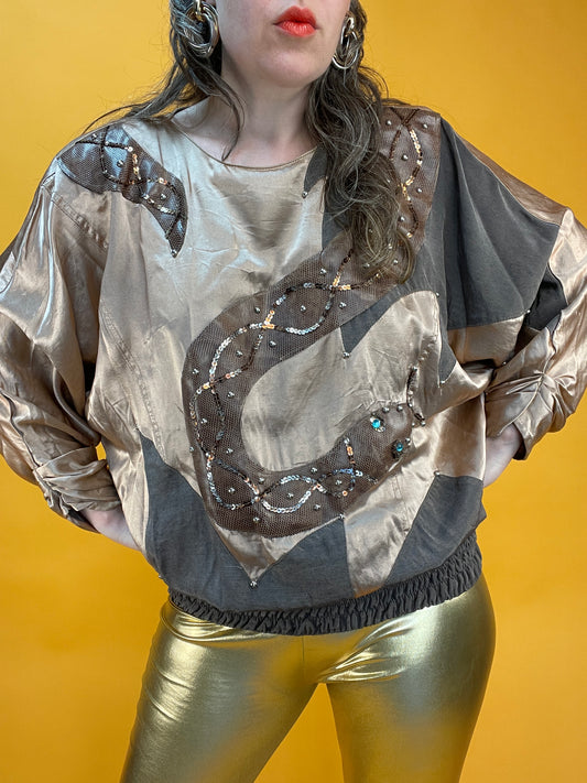 Schimmerndes 80s Satinshirt mit fetter Schlangenapplikation