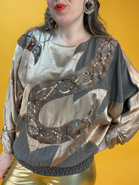 Schimmerndes 80s Satinshirt mit fetter Schlangenapplikation