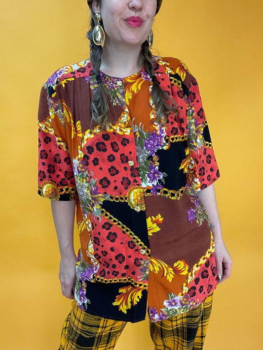 Opulent bedrucktes 80s/90s Animalprint-Barockshirt in peachy Farbkombi