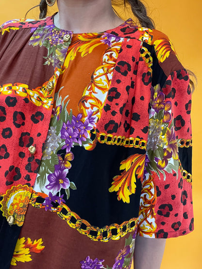Opulent bedrucktes 80s/90s Animalprint-Barockshirt in peachy Farbkombi