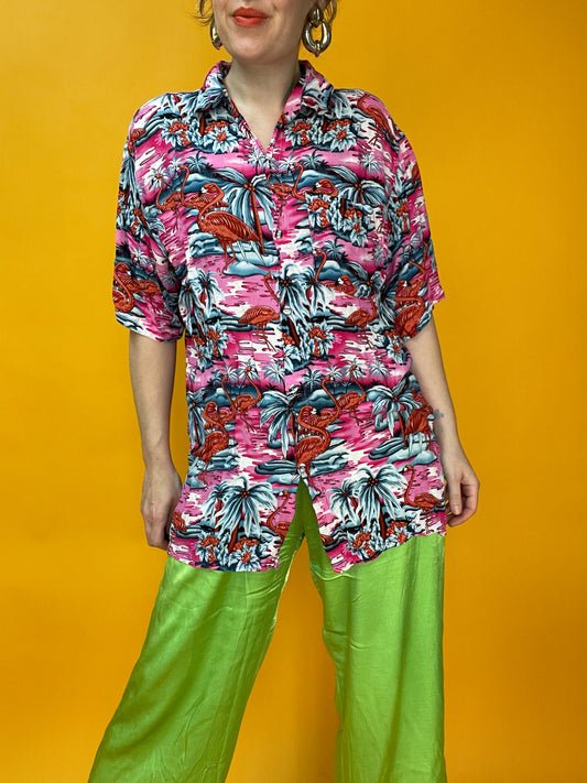 Pink Flamingo Havaiishirt aus weichster dünner Fluff-Viskose
