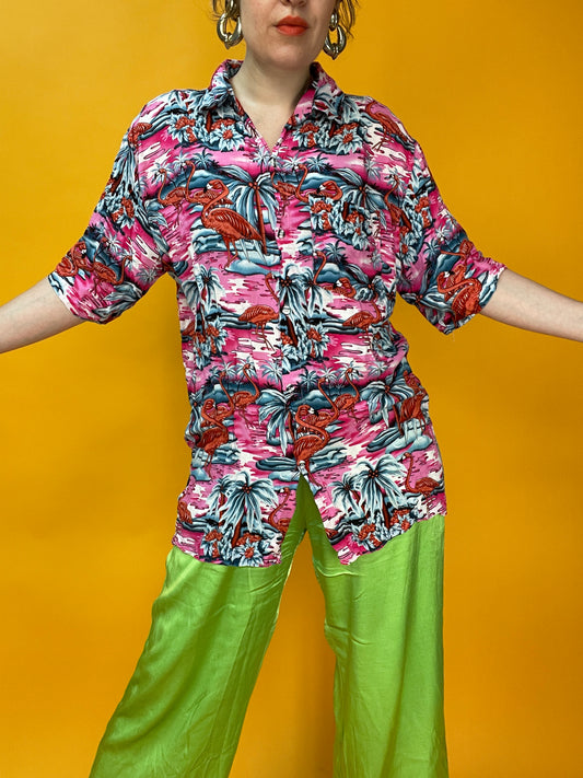 Pink Flamingo Havaiishirt aus weichster dünner Fluff-Viskose