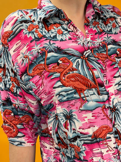 Pink Flamingo Havaiishirt aus weichster dünner Fluff-Viskose