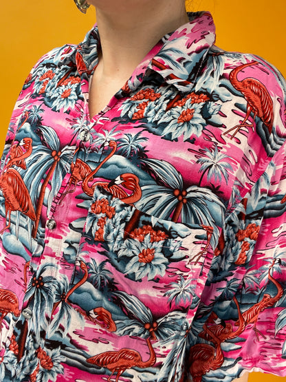 Pink Flamingo Havaiishirt aus weichster dünner Fluff-Viskose