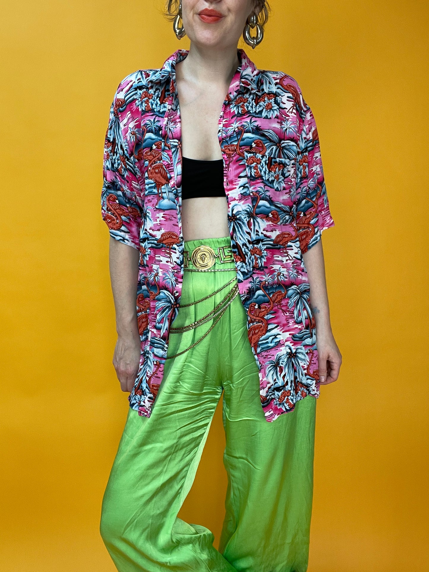 Pink Flamingo Havaiishirt aus weichster dünner Fluff-Viskose