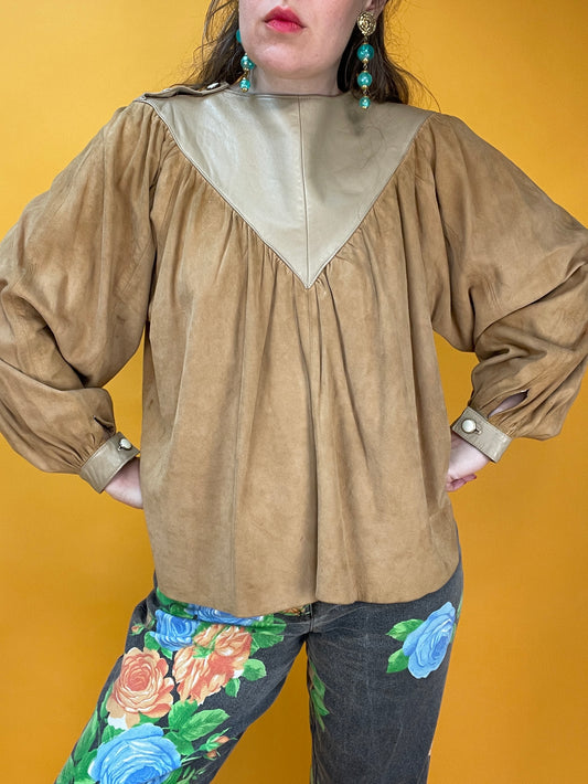 70s/80s bohemian Kunstledershirt mit Raffungen