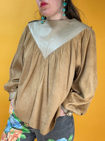 70s/80s bohemian Kunstledershirt mit Raffungen