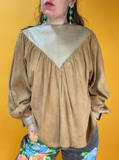 70s/80s bohemian Kunstledershirt mit Raffungen