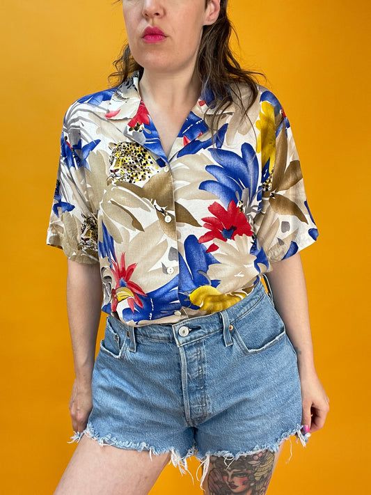 80s/90s Blusenshirt mit Leopardenkopfprint