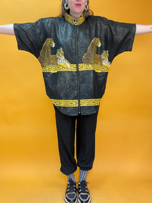 Famoses 80s/90s Shirt mit glitzerndem Wildkatzenprint