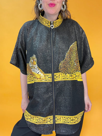 Famoses 80s/90s Shirt mit glitzerndem Wildkatzenprint