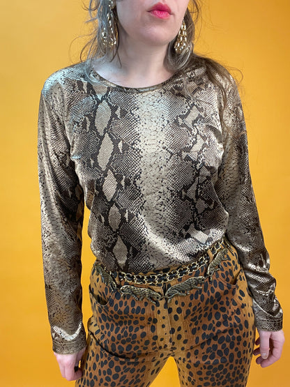90s Samtshirt mit glänzendem Schlangenhautprint