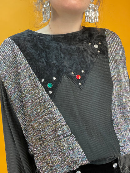 80s Sweater aus Samt und Lurex mit Fledermausärmeln