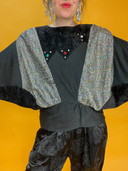 80s Sweater aus Samt und Lurex mit Fledermausärmeln