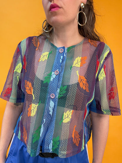 Funky Netzshirt mit Regenbogen Blättermuster