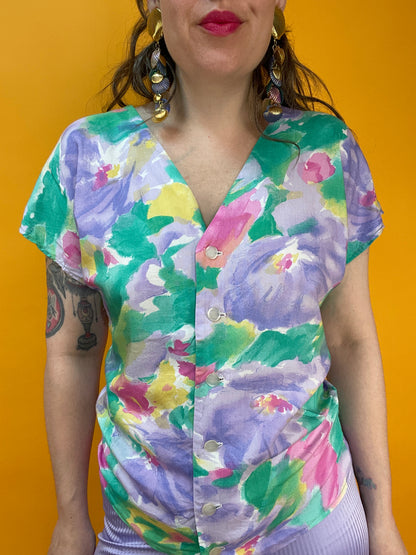 Sommerliches 80s/90s Blusenshirt mit tollem Pastellprint