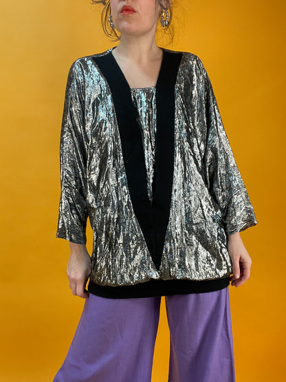 80s Longshirt mit XXL Fledermaussärmeln aus silber Lamé