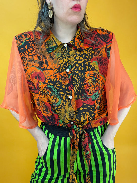 Funky Blusenshirt mit transparenten Ärmeln und Tigerköpfen