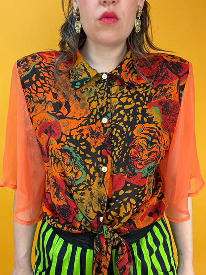 Funky Blusenshirt mit transparenten Ärmeln und Tigerköpfen