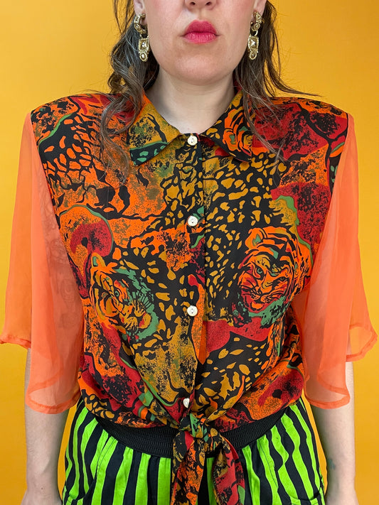 Funky Blusenshirt mit transparenten Ärmeln und Tigerköpfen