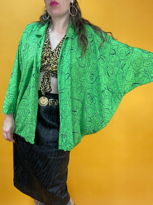 Grasgrünes 80s Kimonoshirt mit artsy „Kitzel“print