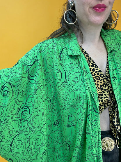 Grasgrünes 80s Kimonoshirt mit artsy „Kitzel“print