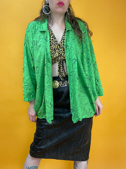 Grasgrünes 80s Kimonoshirt mit artsy „Kitzel“print
