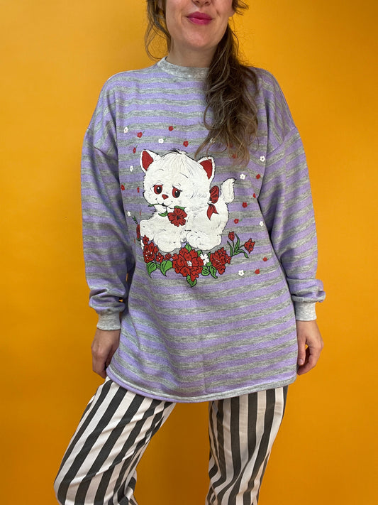 Gestreifter 90s Sweater mit liebreizendem Kätzchen