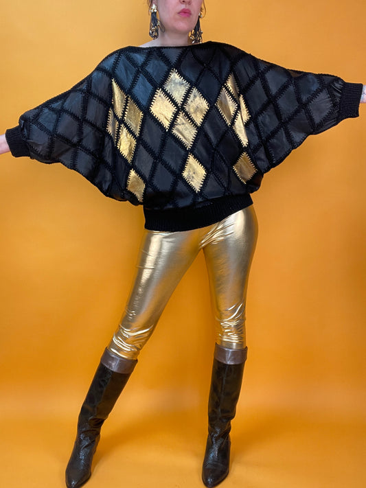80s Patchwork Ledersweater mit goldenen Rauten