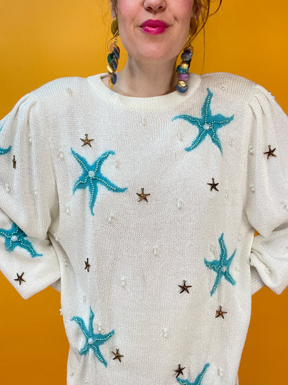 Maritimer 80s Stricksweater mit Seesternen und Perlenbesatz