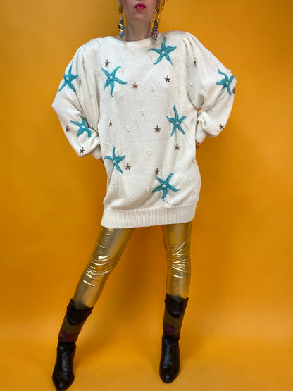 Maritimer 80s Stricksweater mit Seesternen und Perlenbesatz