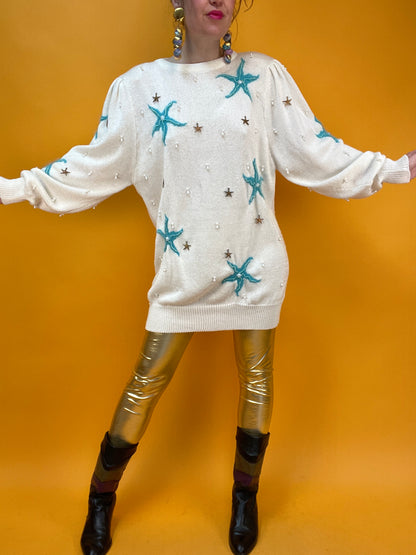 Maritimer 80s Stricksweater mit Seesternen und Perlenbesatz