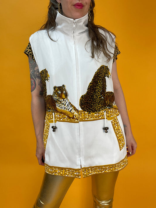 80s/90s Weste mit Tigern, Leoparden und Brokatschnörkeln
