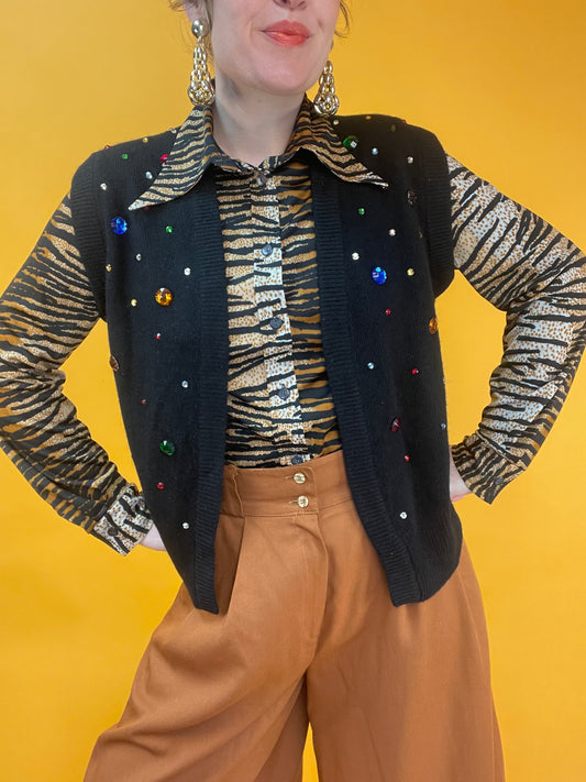 Funky Open Front Strickweste mit bunten Glitzersteinchen