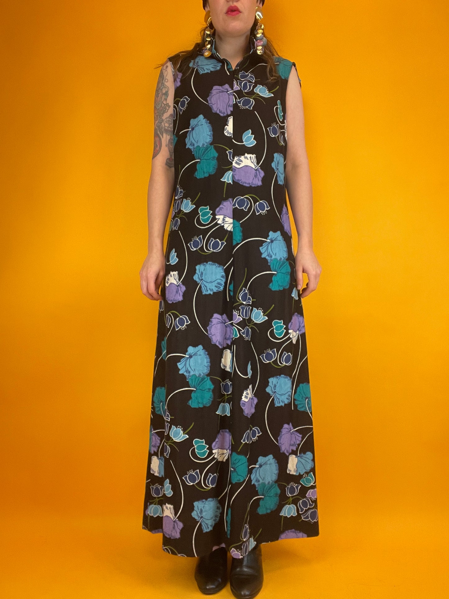 70er Jahre Maxikleid mit fantastischem all over Blumenprint